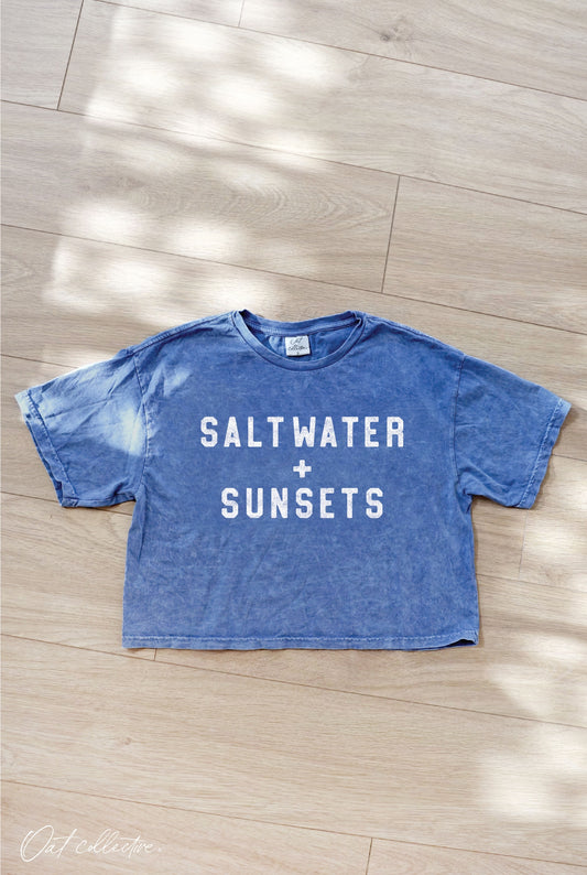 Salt Water and Sunsets Cropped Mineral Graphic Top Denim Blue