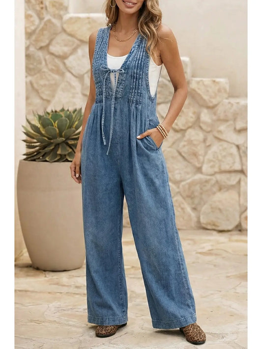 Western Acid Wash Pintuck Jumpsuit