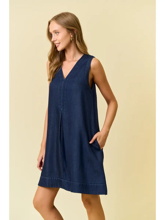 Denim V-Neck Sleeveless A-Line Dress