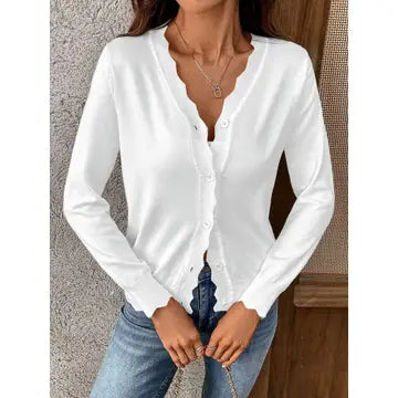 Lightweight Scalloped Edge V-Neck Knit Cardigan