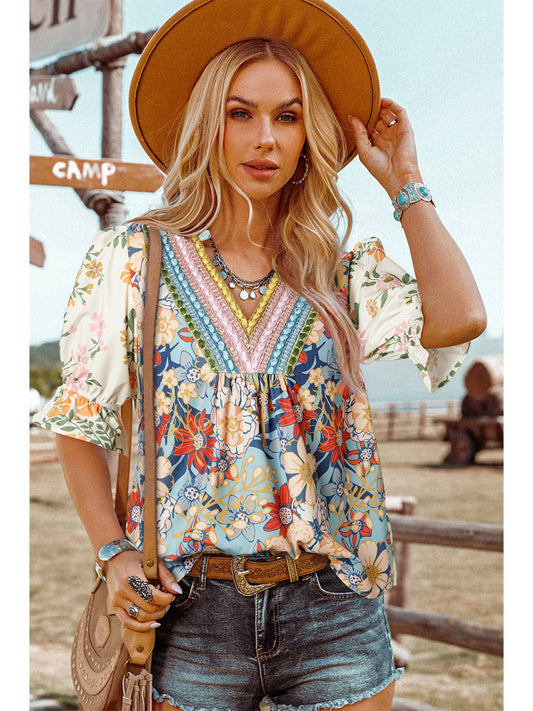 Summer Fashion Crochet Boho Half Sleeve Floral Blouse