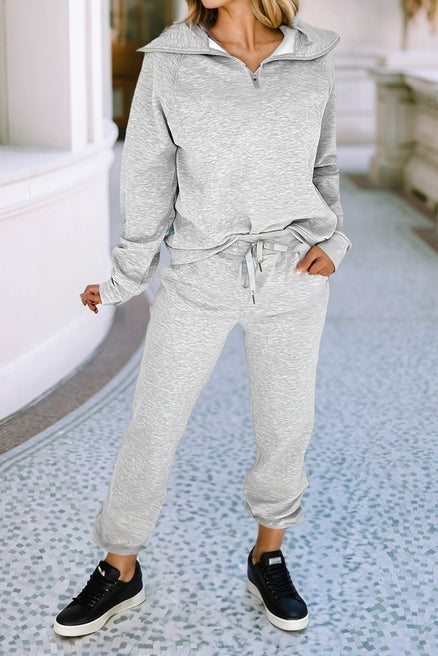 Ldc Zip Collar Long Sleeve Top Drawstring Pants Set Gray