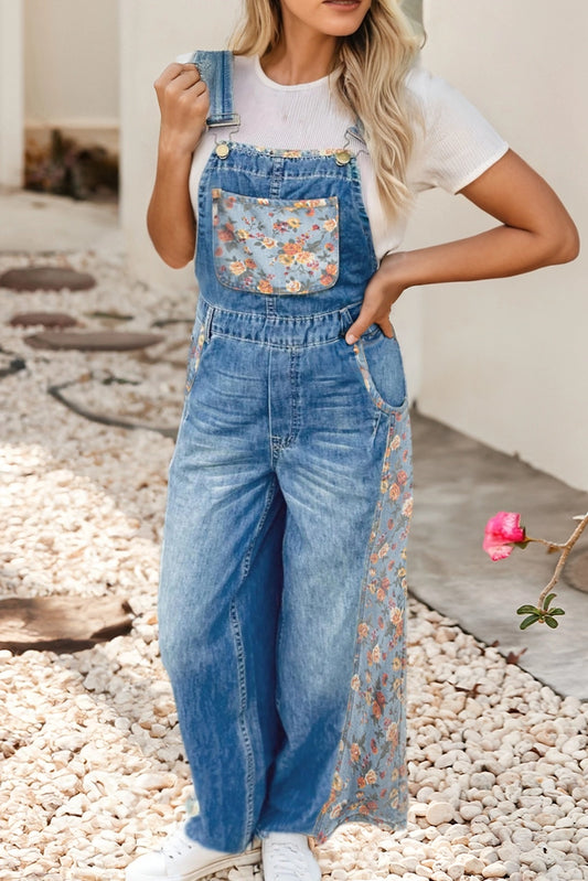 Floral Patchwork Bib Denim Wide Leg Overalls