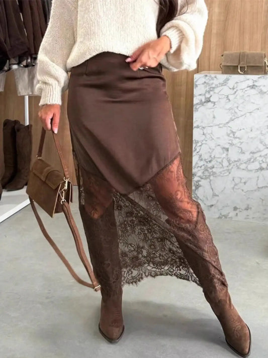 Satin Lace Patchwork Asymmetrical Maxi Skirt