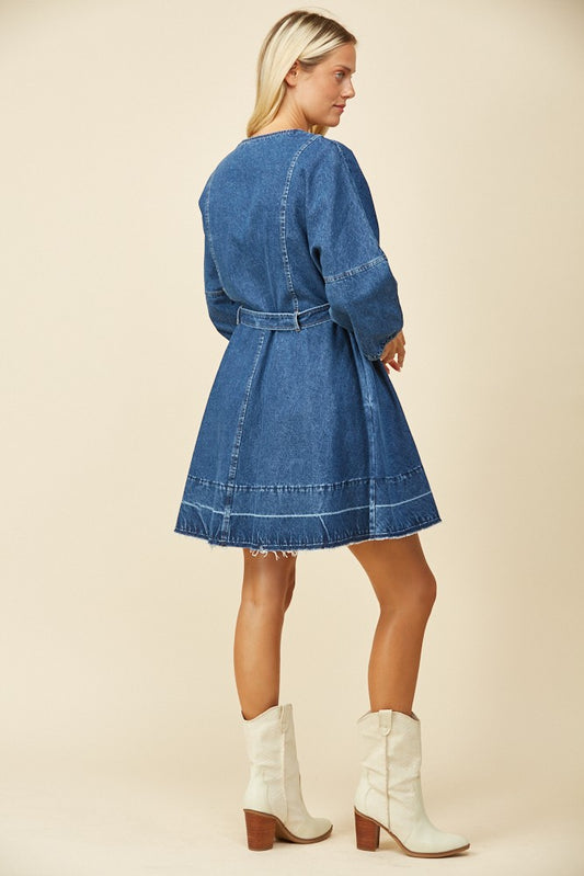 V Neck Mini Denim Dress with Pockets