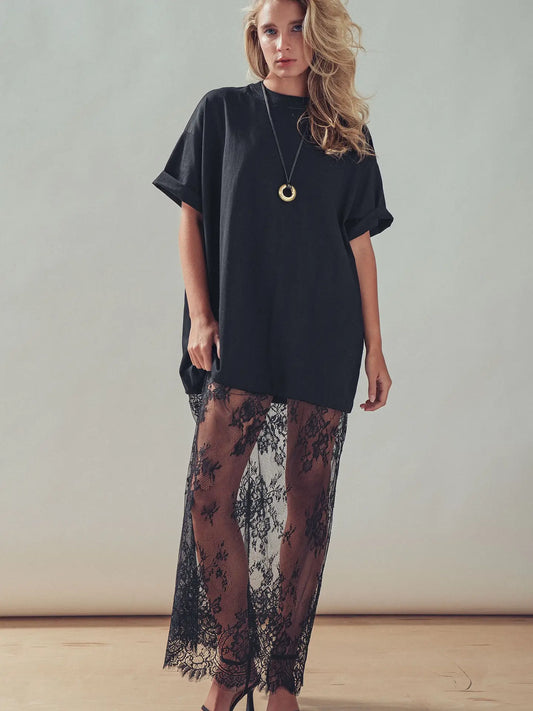 Mixed-Media T-Shirt Dress with Sheer Lace Skirt