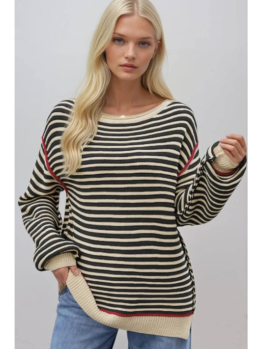 Striped Textured Boatneck Pullover Sweater