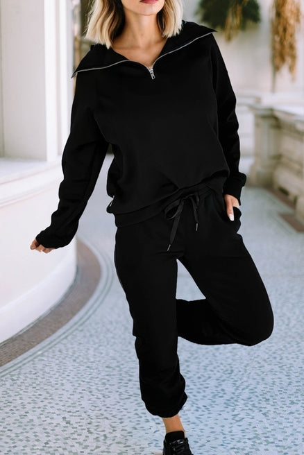 Ldc Zip Collar Long Sleeve Top Drawstring Pants Set Black