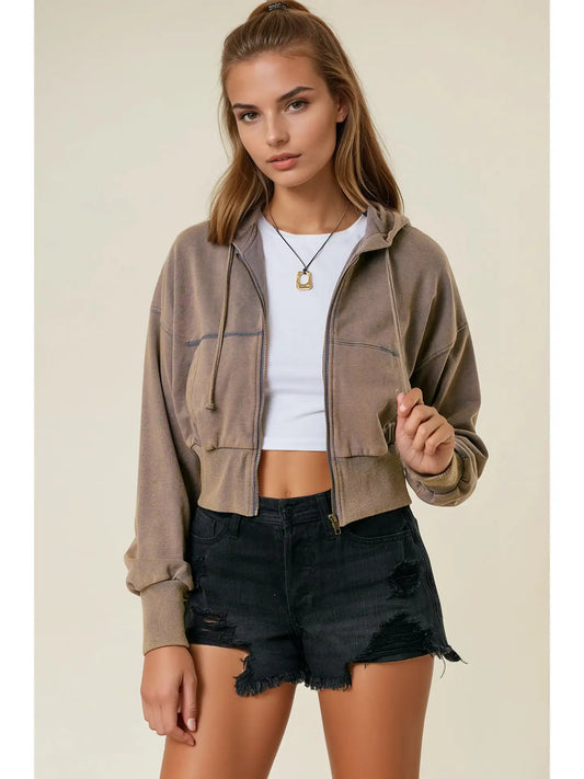 Vintage Washed Zip-Up Hoodie with Front Pockets