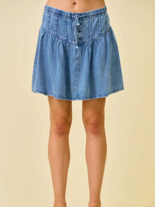 Denim Pleats Detail Button Closure Mini Skirt