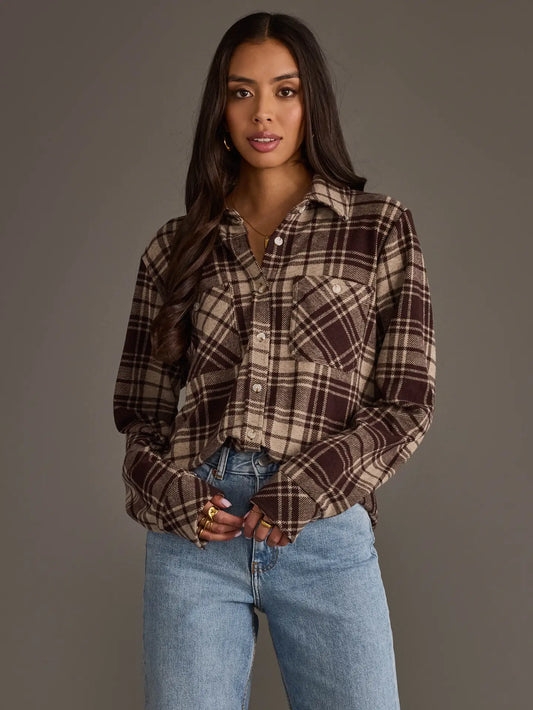 Chocolate Brown & Tan Plaid Button Up