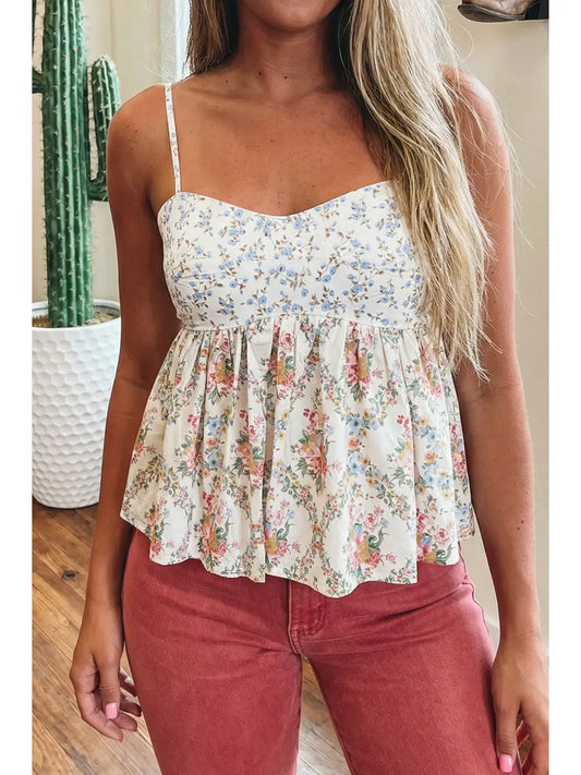 Western Floral Patchwork Spaghetti Straps Babydoll Top