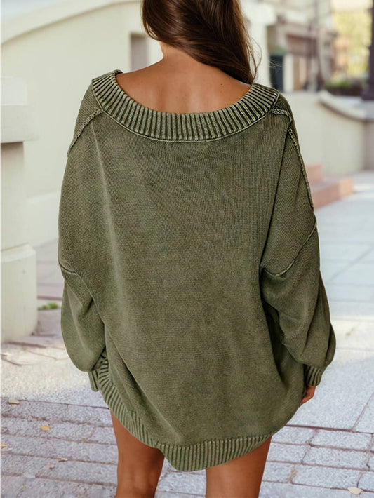 Wash V-Neck Exposed Seam Drop Shoulder Loose Sweater