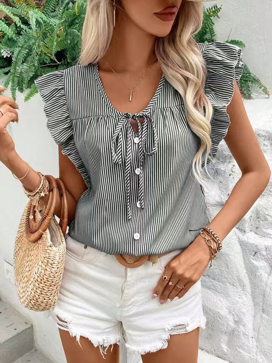 Striped Ruffle Tie Front Blouse