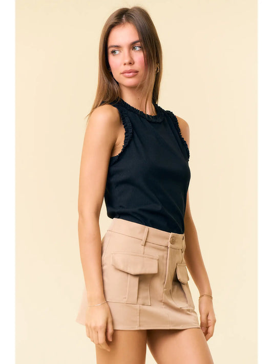 Solid Knit Tank W.Ruffle Trim