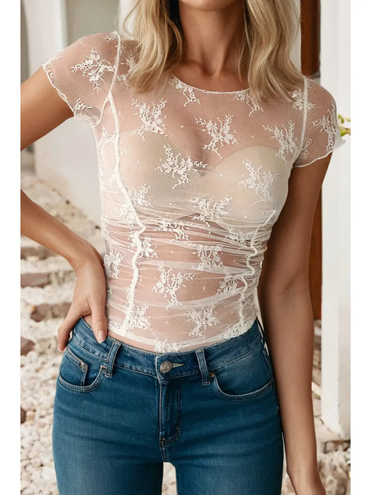Exposed Seam Ruched Sheer Floral Mesh Top