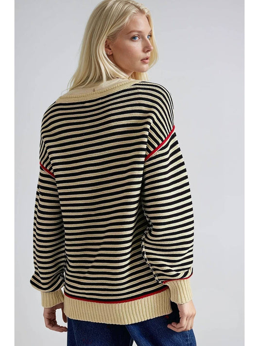 Striped Textured Boatneck Pullover Sweater