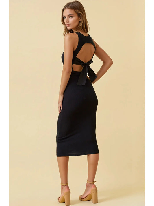 Mix Media Tie Back Midi Ribbed Dress
