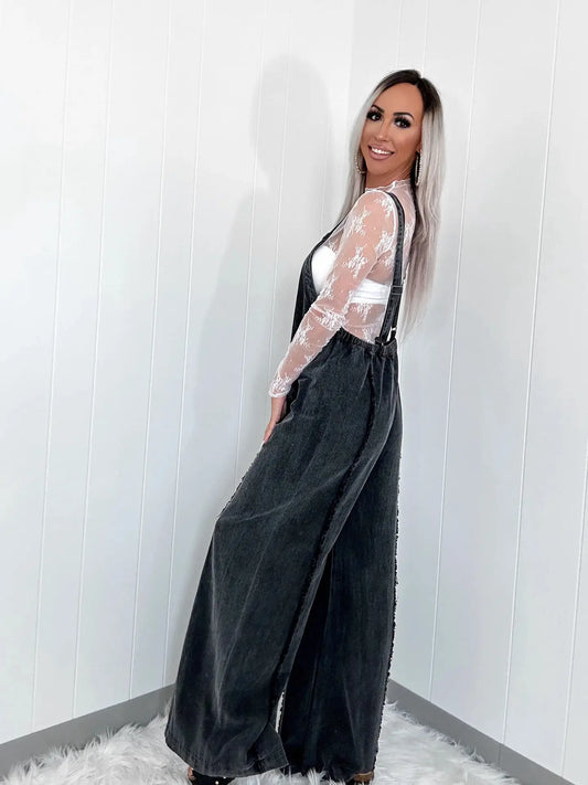 Frayed Trim Wide-Leg Denim Overalls