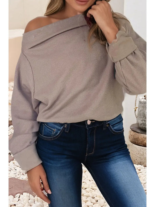 Ldc Solid Color Waffle Knit Asymmetric Neck Long Sleeve Top