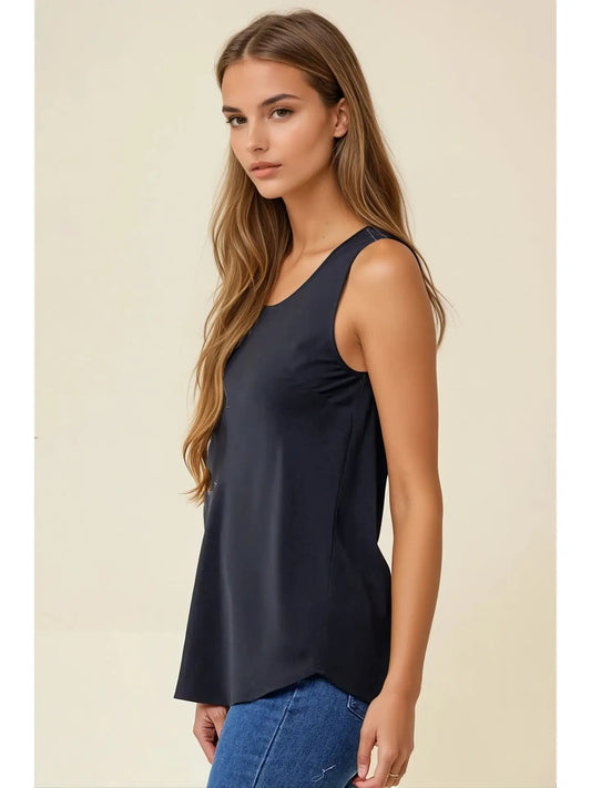 Slvless Scoop Neck Bias Woven Top