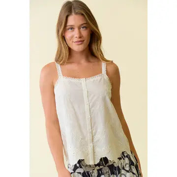Scallop Front Button Down Lace Strap Tank Top
