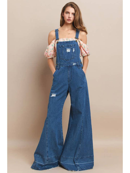 Wide Leg Distressed Denim Overalls