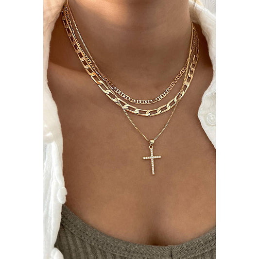 Cross Pendant, Multi-Layered Stacked Chain Necklace