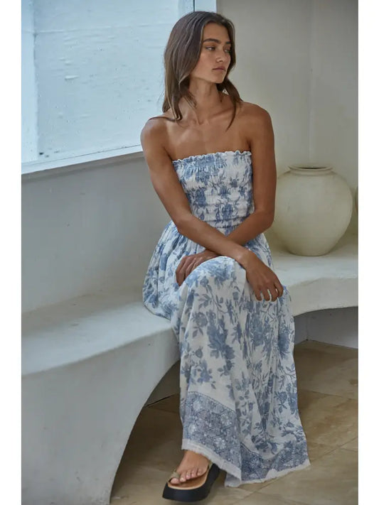 Woven Cotton Rayon Floral Smocked Strapless Midi