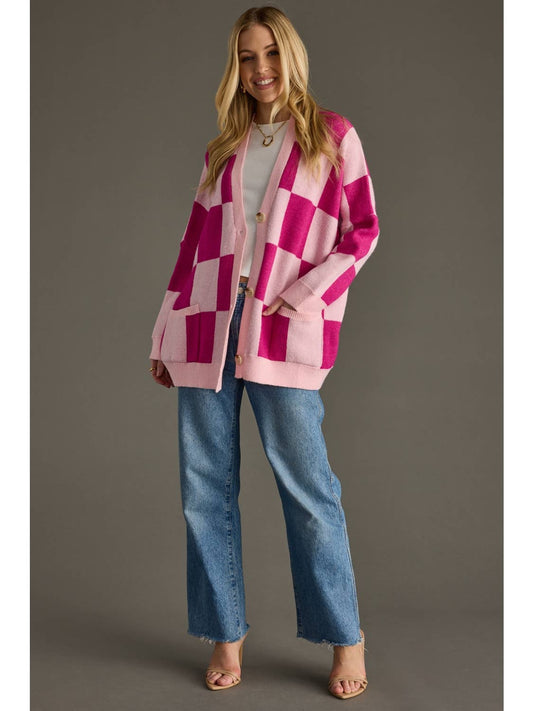 Pink Checkered Cardigan