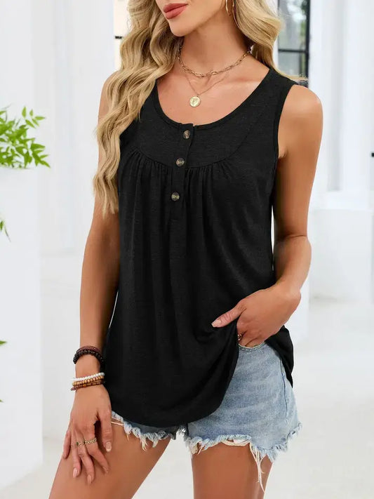 Women Henley Tank Top Button Sleeveless Loose Fit Casual