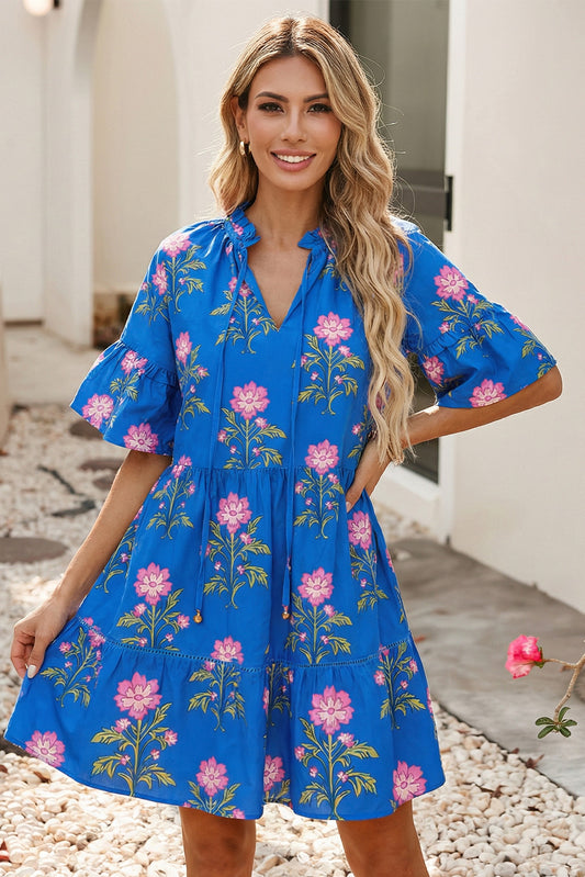 Spring 2026 V Neck Short Sleeve Loose Flower Dress