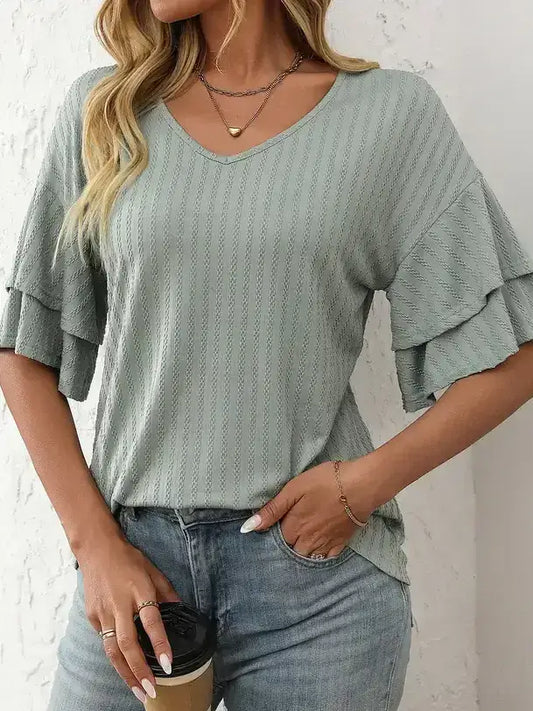 V Neck Ruffle Sleeve Textured Casual Summer Top