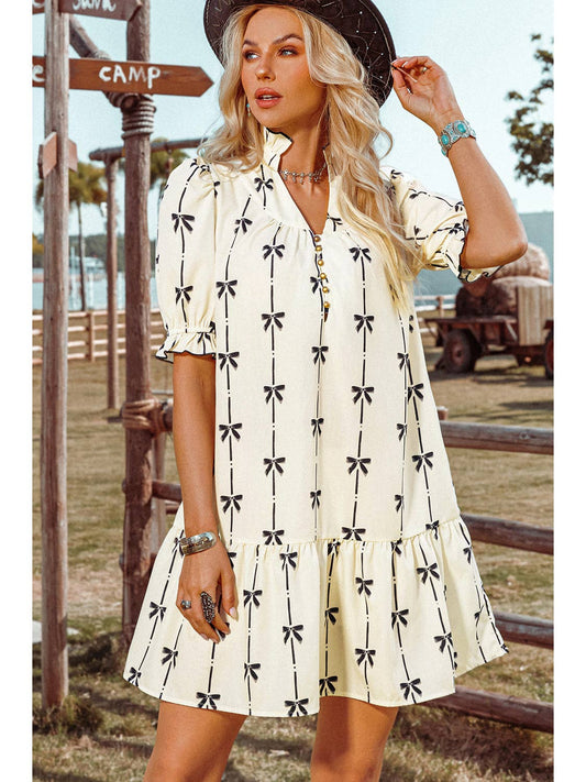 Cute Bowknot Bubble Sleeve V Neck Mini Dress