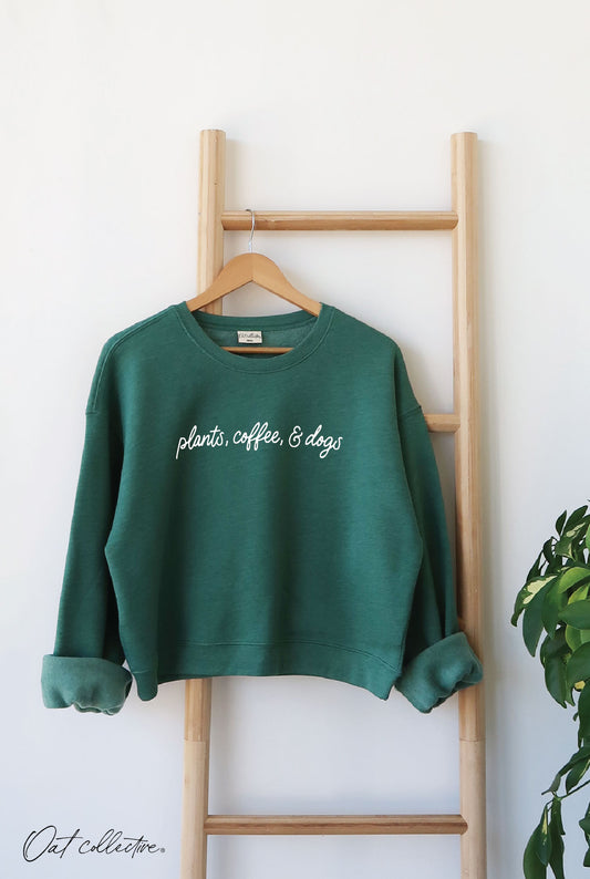 Plants Coffee and Dogs Mid Cropped Graphic Sweatshirt Heather Forrest