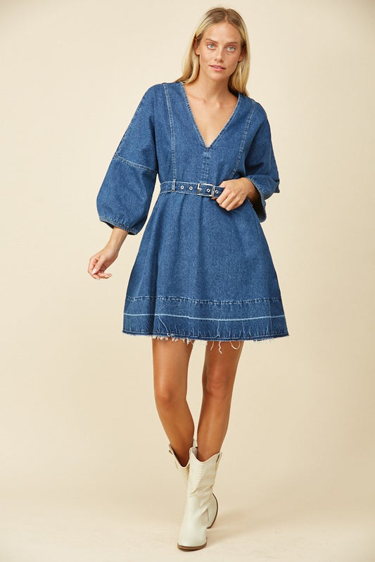 V Neck Mini Denim Dress with Pockets