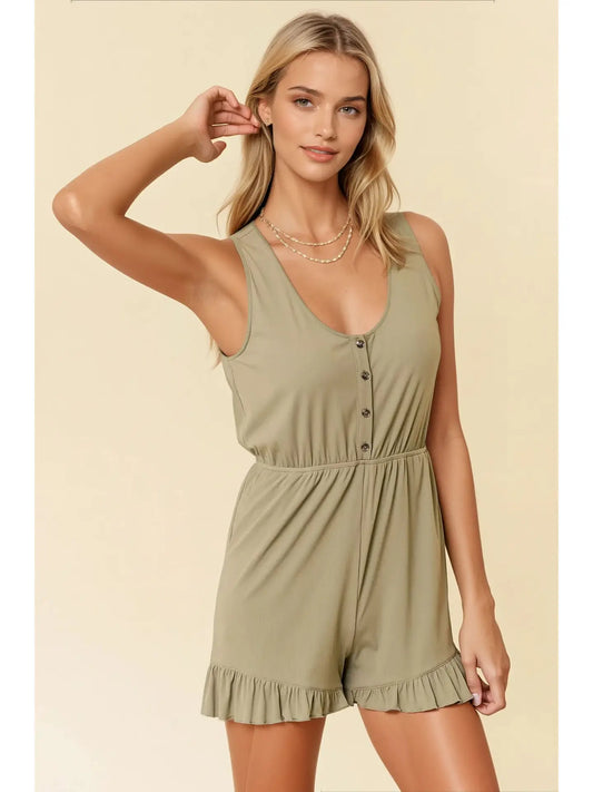 Front Button-Down Sleeveless Ruffle Hem Romper